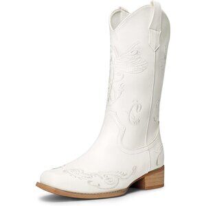 Dream Pairs Women's PU White Square Toe Cowgirl Boots Pull On Low Chunky Heel